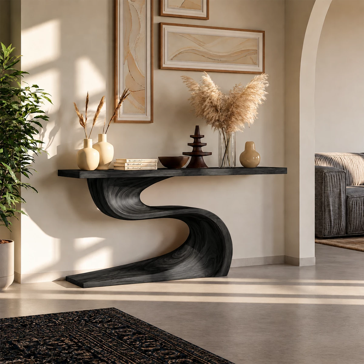 Natural Solid Wood Console Table Flowing Wave Wabi Sabi Style