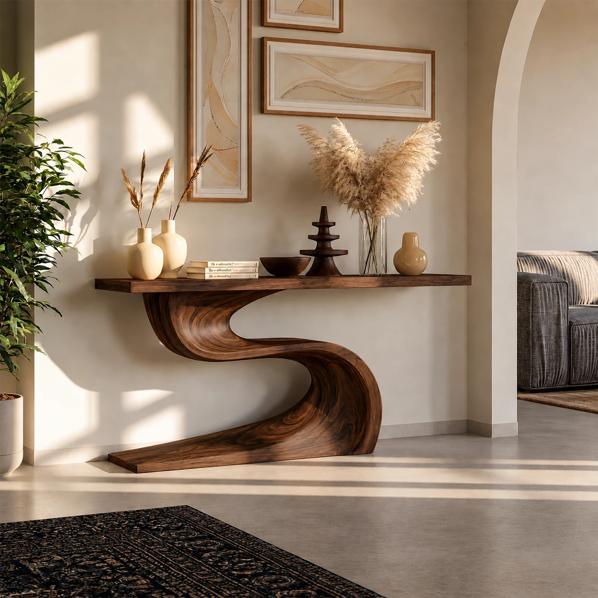 Natural Solid Wood Console Table Flowing Wave Wabi Sabi Style
