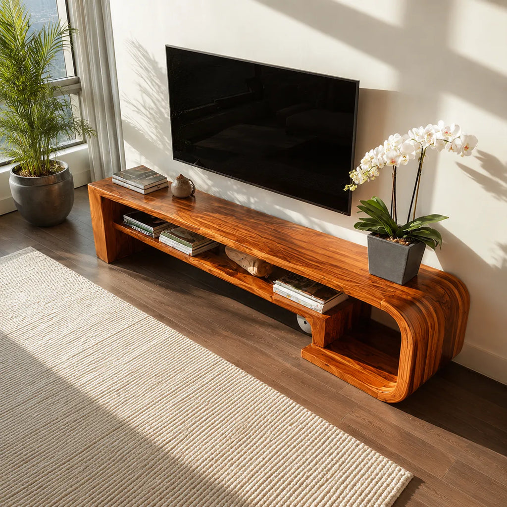 Waterfall Natural Solid Wood TV Stand with Open Display Shelves