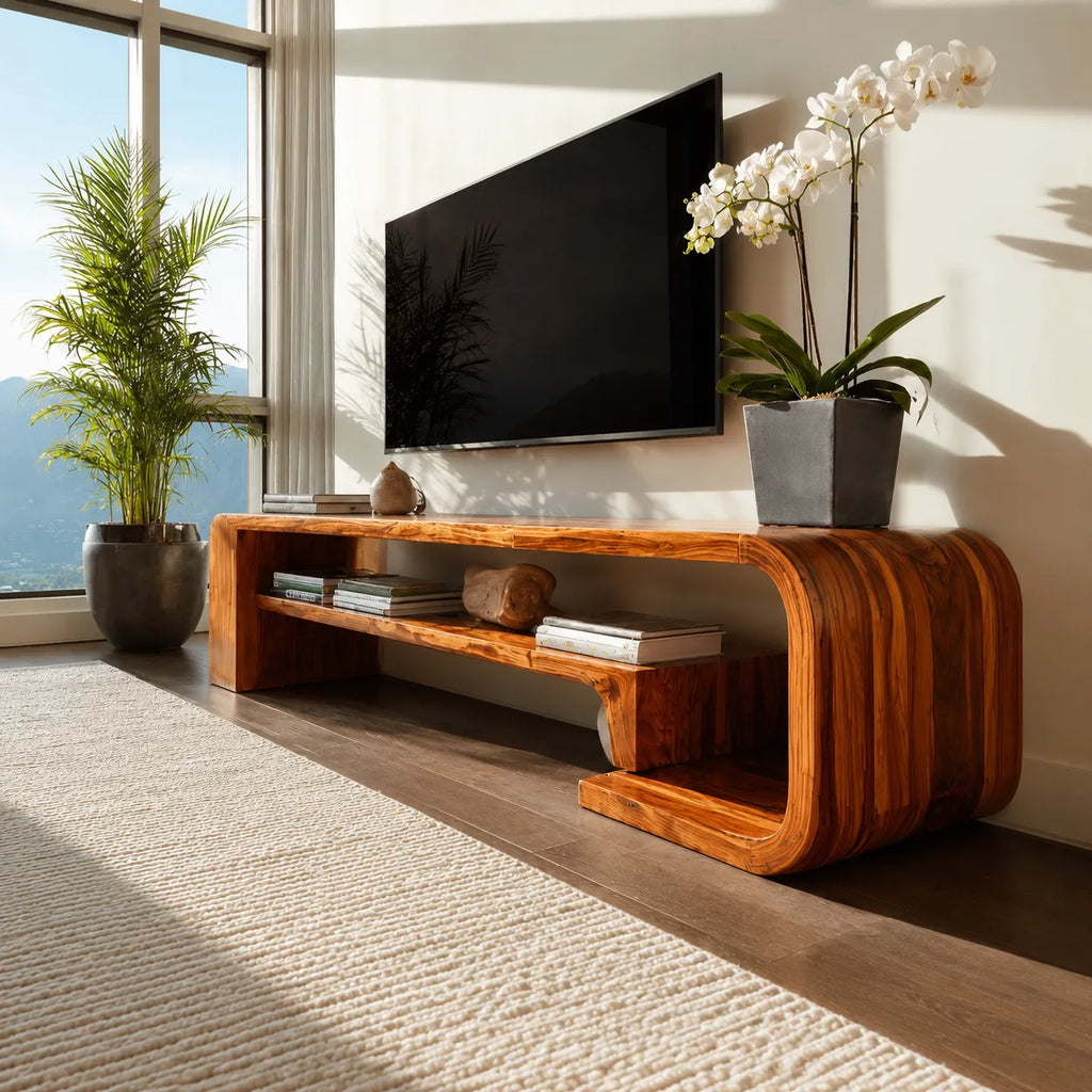 Waterfall Natural Solid Wood TV Stand with Open Display Shelves