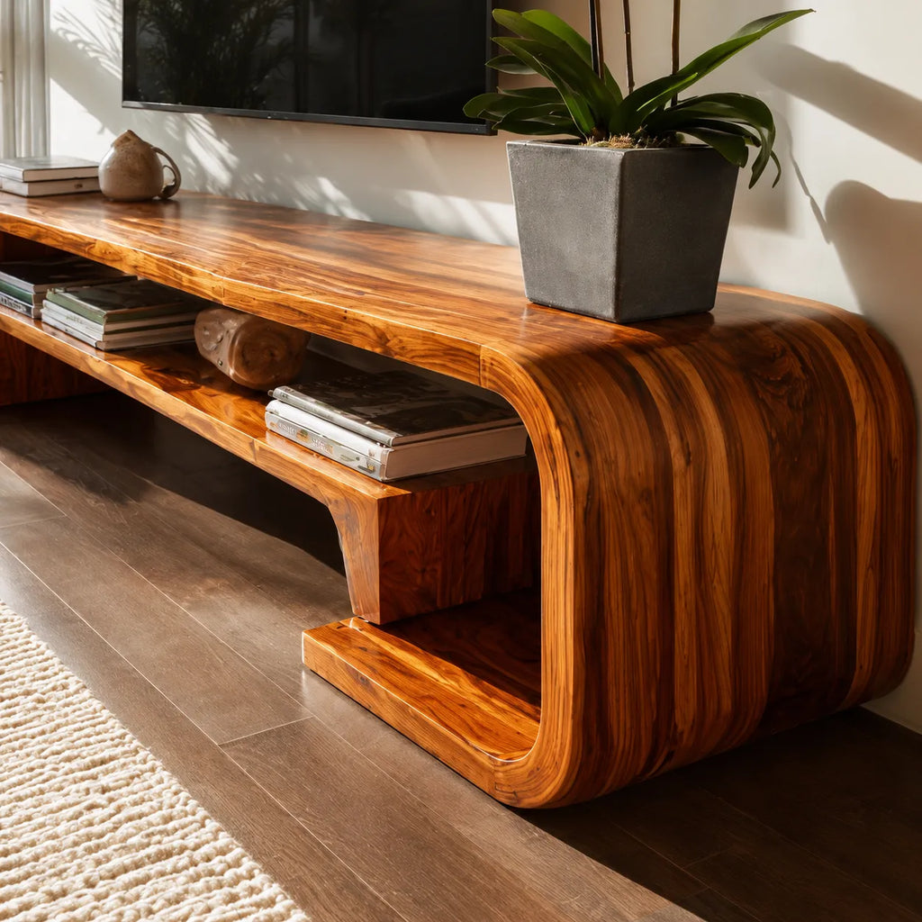 Waterfall Natural Solid Wood TV Stand with Open Display Shelves