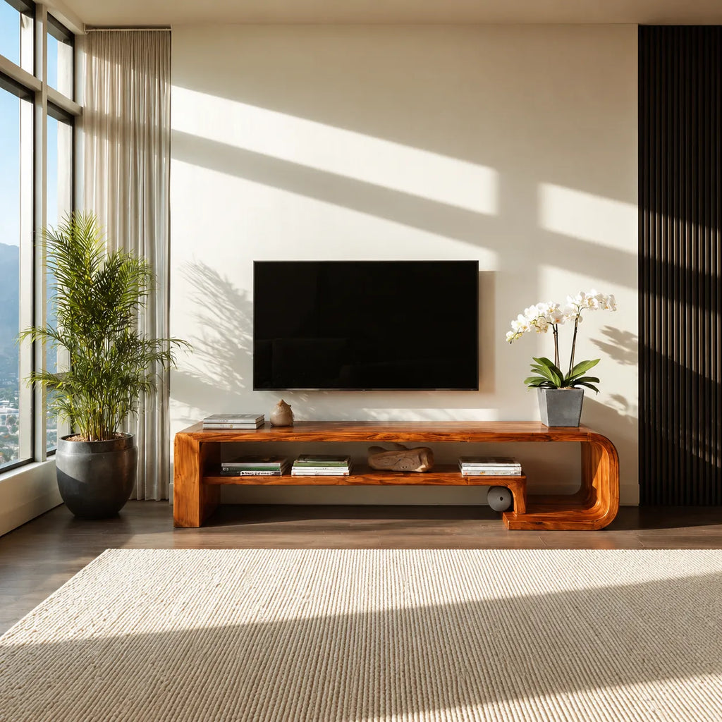 Waterfall Natural Solid Wood TV Stand with Open Display Shelves