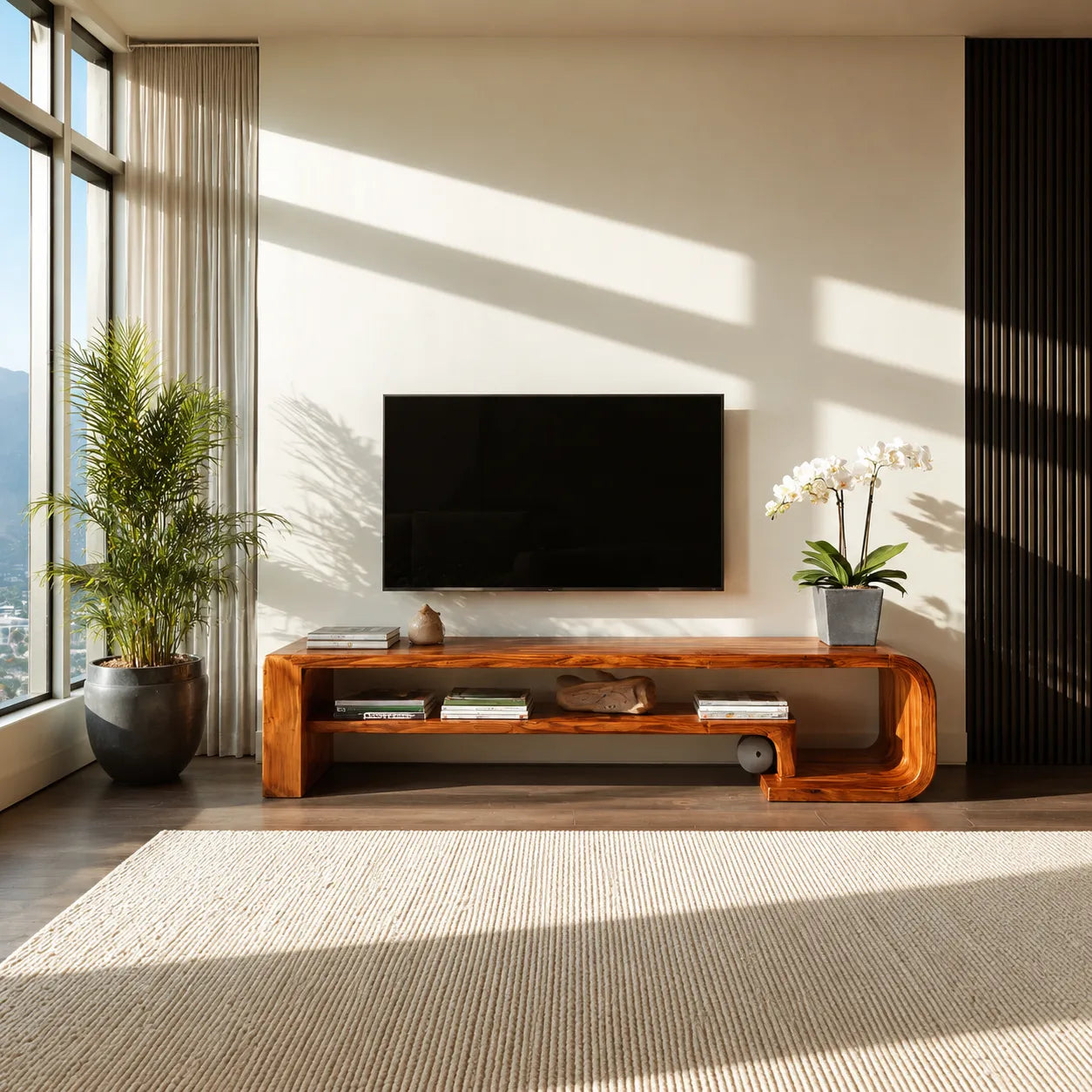 Waterfall Natural Solid Wood TV Stand with Open Display Shelves