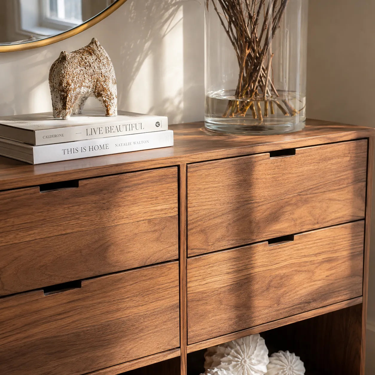 Natural Solid Wood Console Cabinet with Drawers and Open Display Shelves