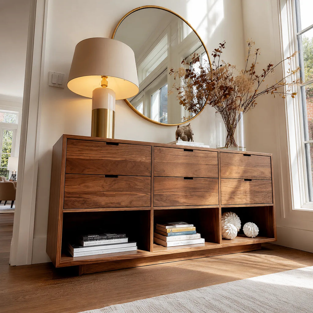 Natural Solid Wood Console Cabinet with Drawers and Open Display Shelves