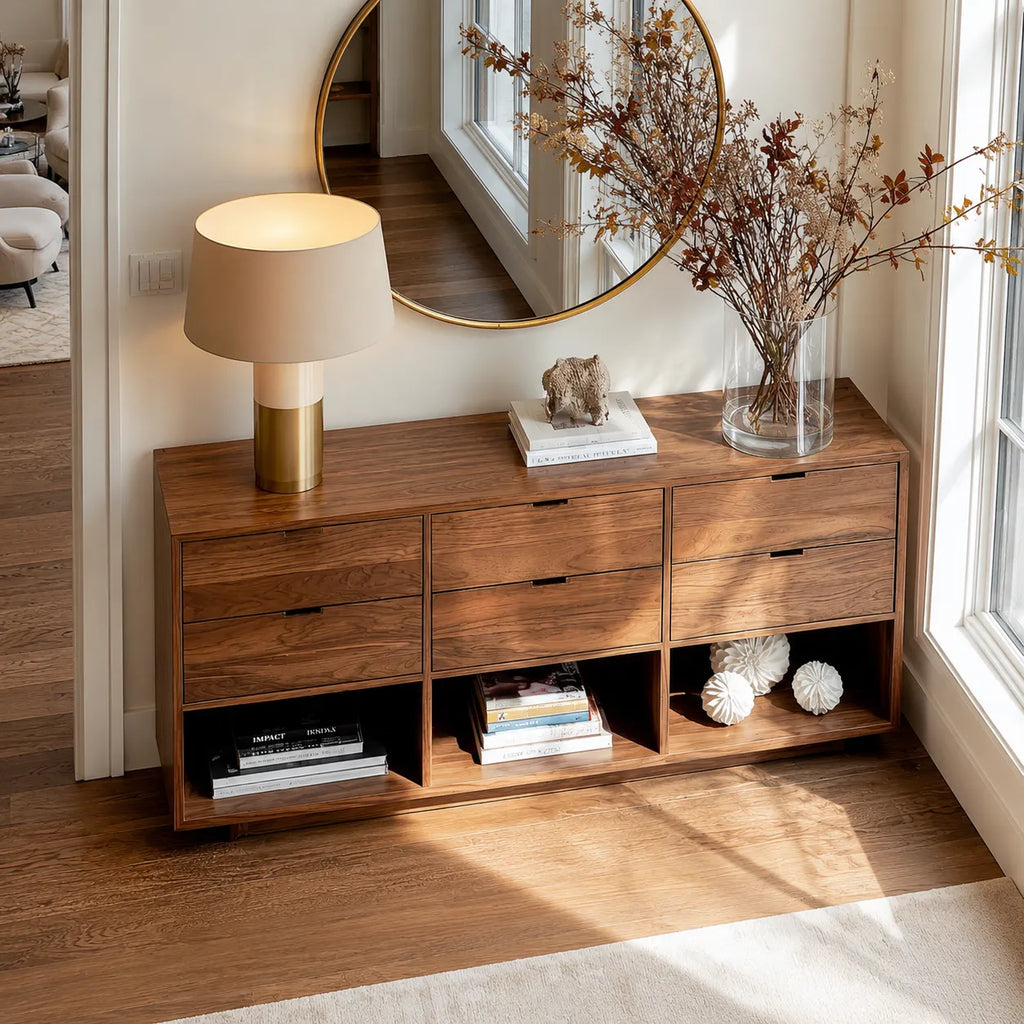 Natural Solid Wood Console Cabinet with Drawers and Open Display Shelves
