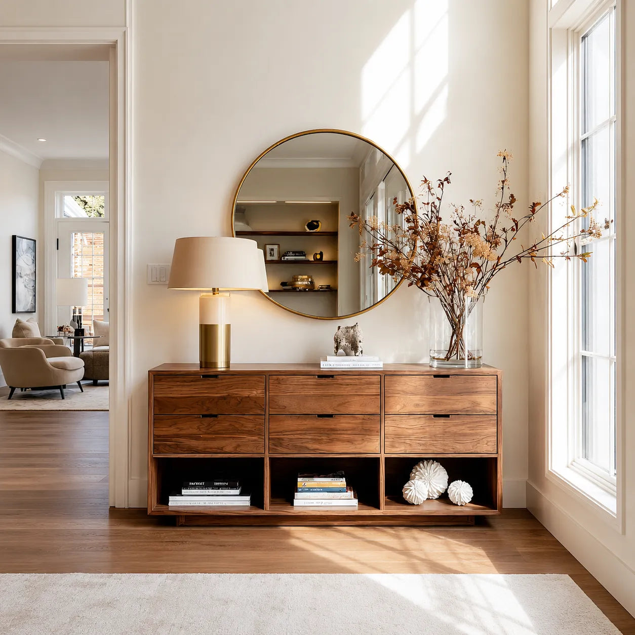 Natural Solid Wood Console Cabinet with Drawers and Open Display Shelves