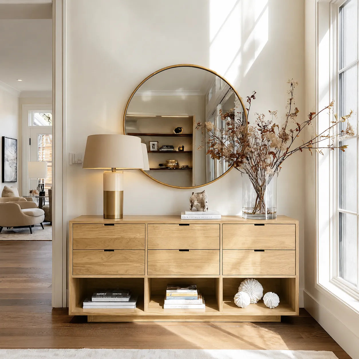 Natural Solid Wood Console Cabinet with Drawers and Open Display Shelves