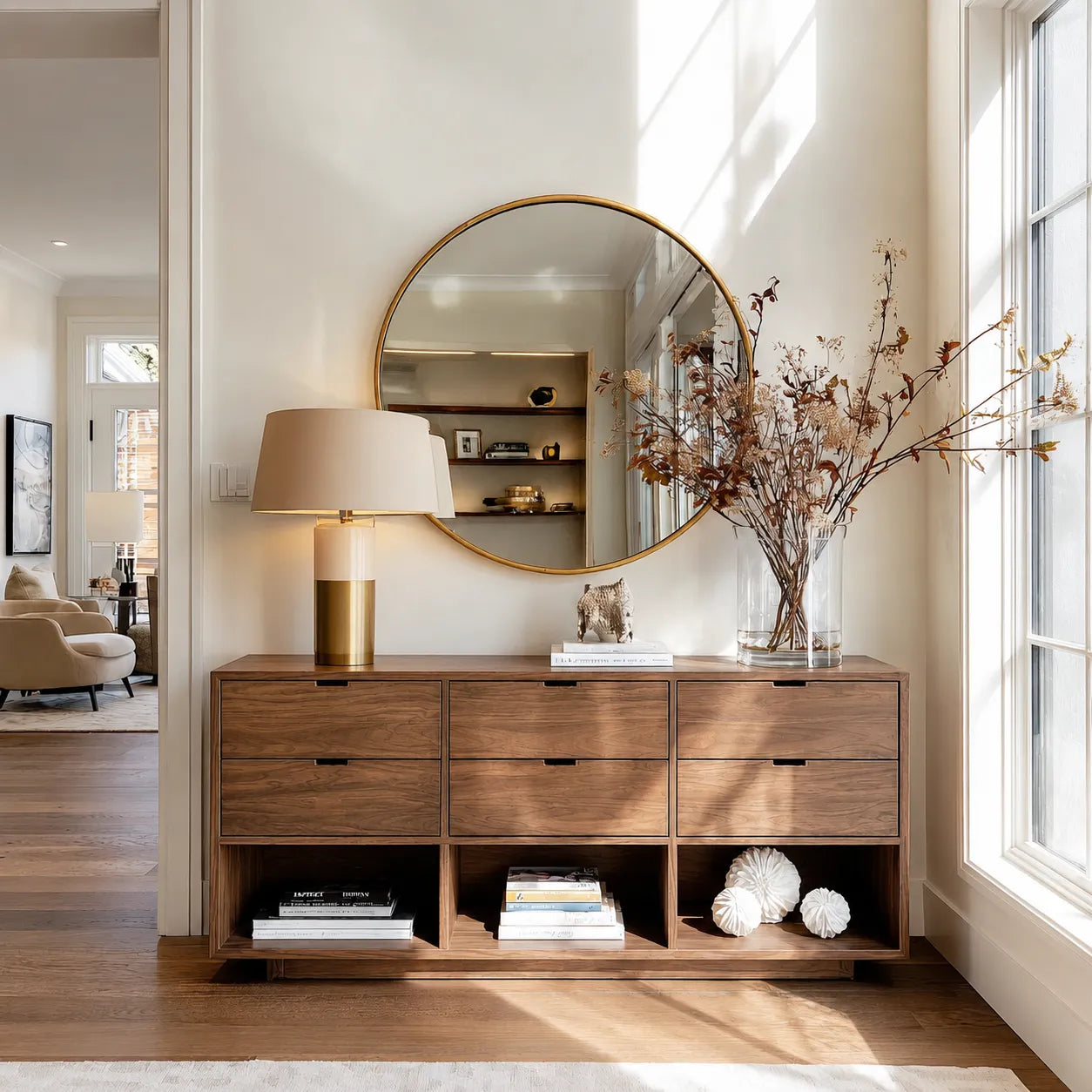 Natural Solid Wood Console Cabinet with Drawers and Open Display Shelves
