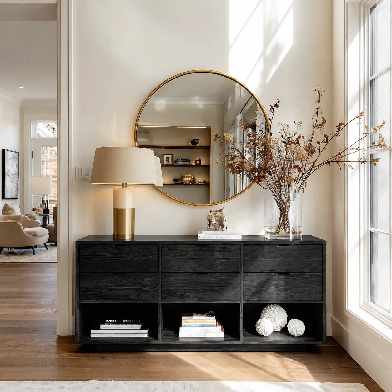 Natural Solid Wood Console Cabinet with Drawers and Open Display Shelves
