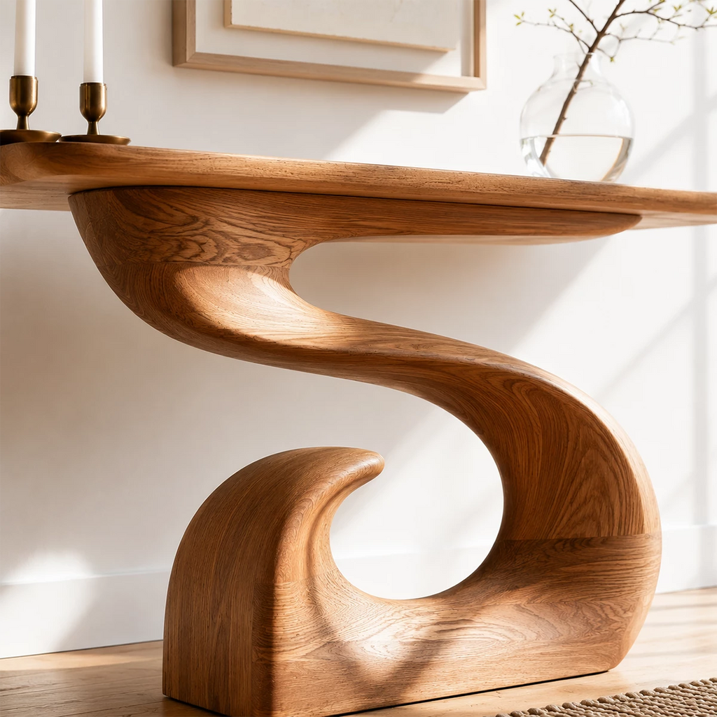 Natural Solid Wood Console Table Sculptural Spiral Wabi Sabi Style