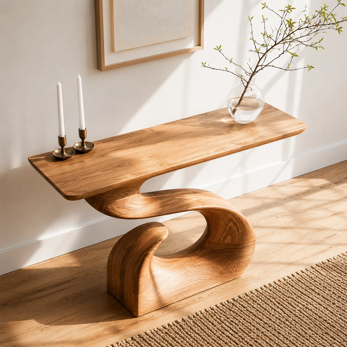 Natural Solid Wood Console Table Sculptural Spiral Wabi Sabi Style