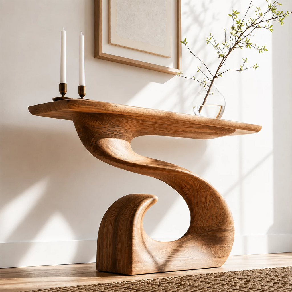 Natural Solid Wood Console Table Sculptural Spiral Wabi Sabi Style