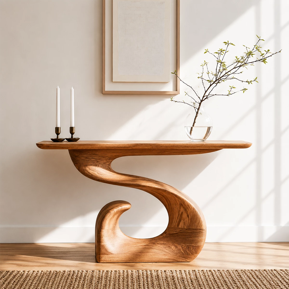 Natural Solid Wood Console Table Sculptural Spiral Wabi Sabi Style