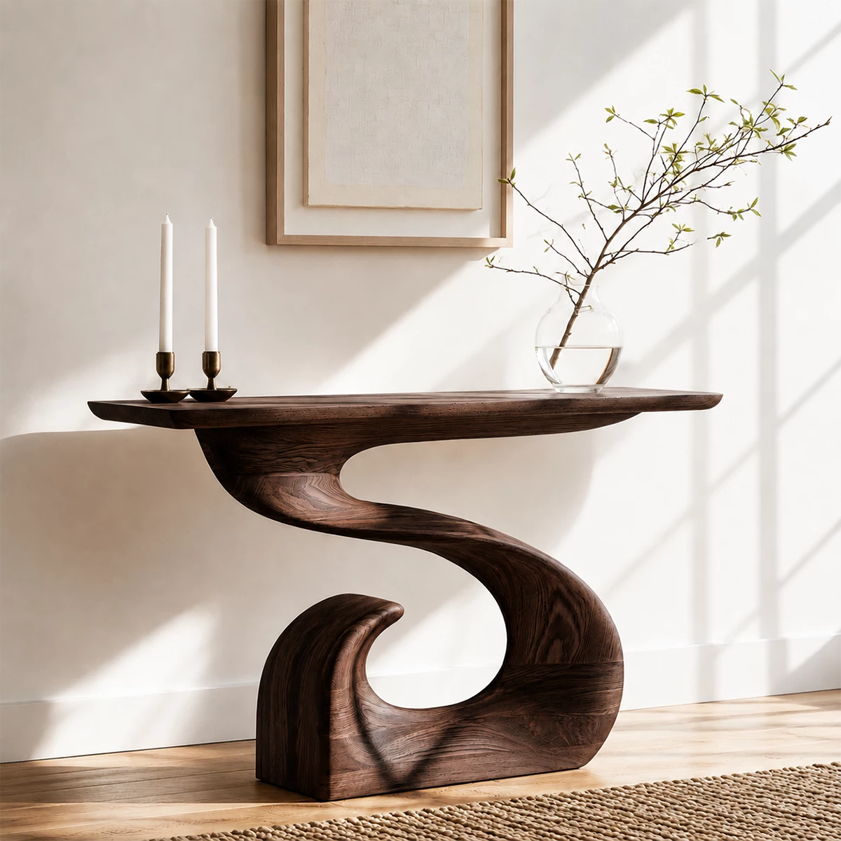 Natural Solid Wood Console Table Sculptural Spiral Wabi Sabi Style