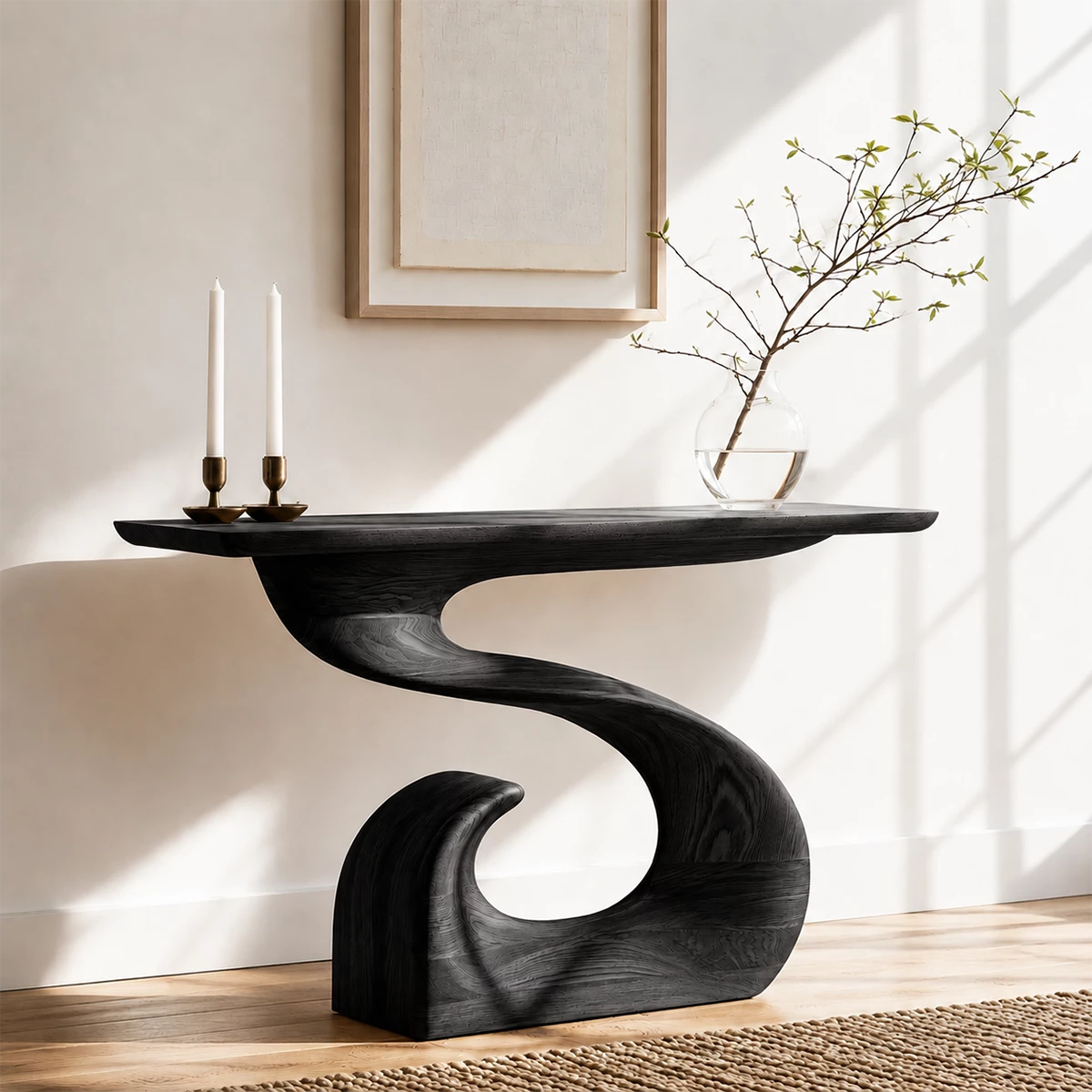 Natural Solid Wood Console Table Sculptural Spiral Wabi Sabi Style