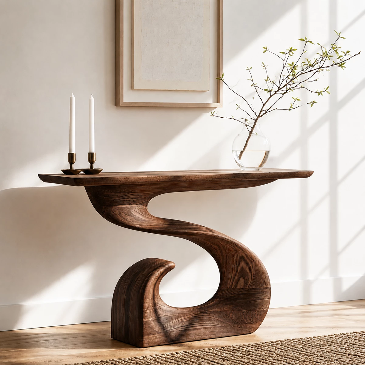 Natural Solid Wood Console Table Sculptural Spiral Wabi Sabi Style