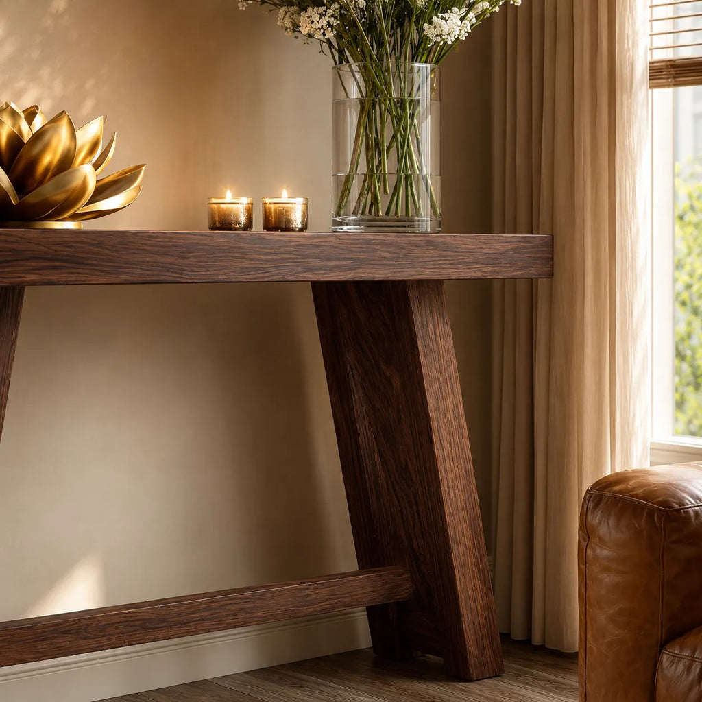 Minimalist Natural Solid Wood Console Table with Tapered A Frame Base