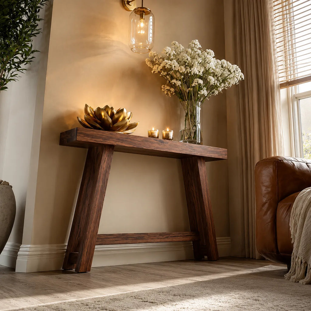 Minimalist Natural Solid Wood Console Table with Tapered A Frame Base