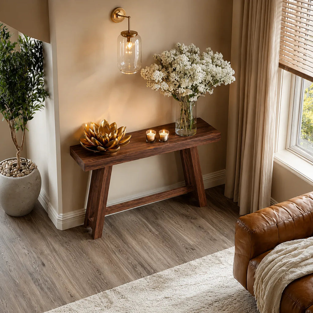 Minimalist Natural Solid Wood Console Table with Tapered A Frame Base