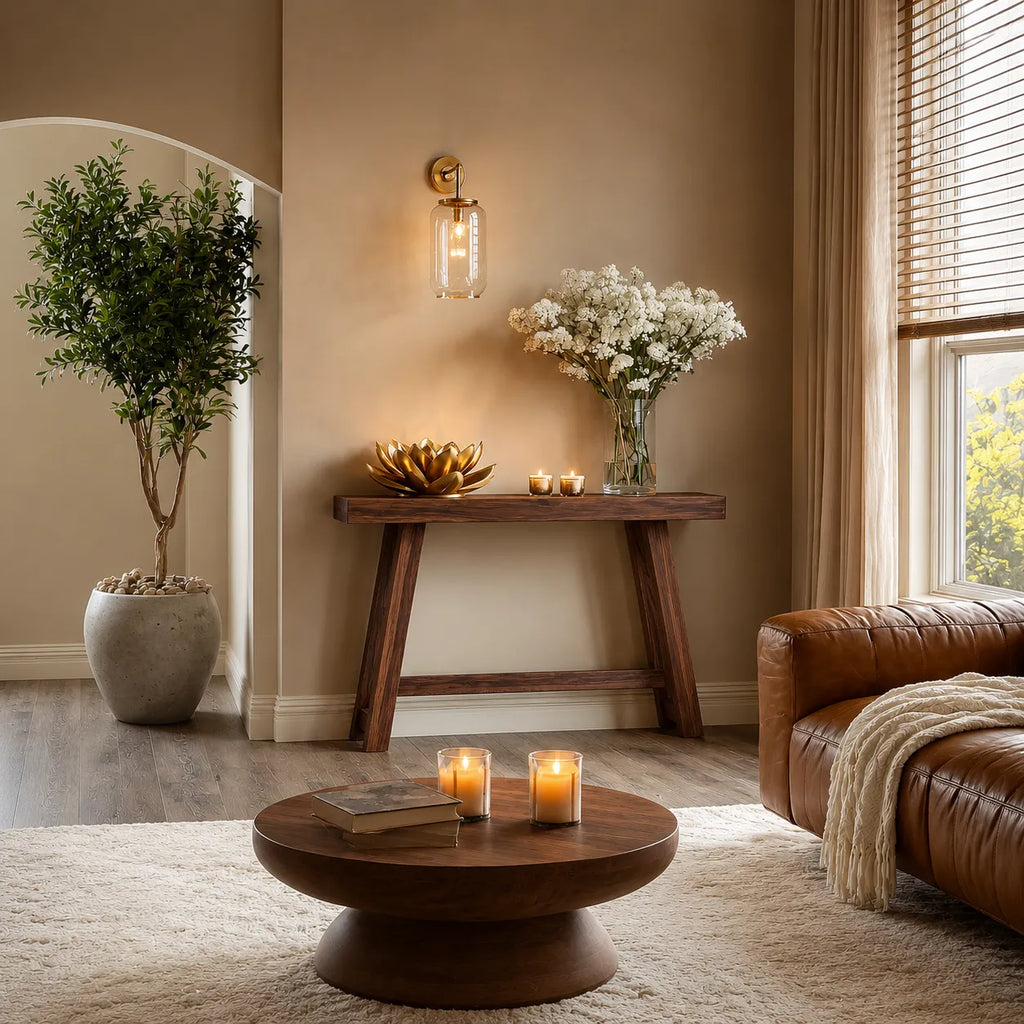 Minimalist Natural Solid Wood Console Table with Tapered A Frame Base