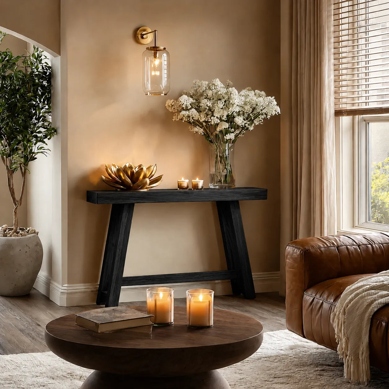 Minimalist Natural Solid Wood Console Table with Tapered A Frame Base