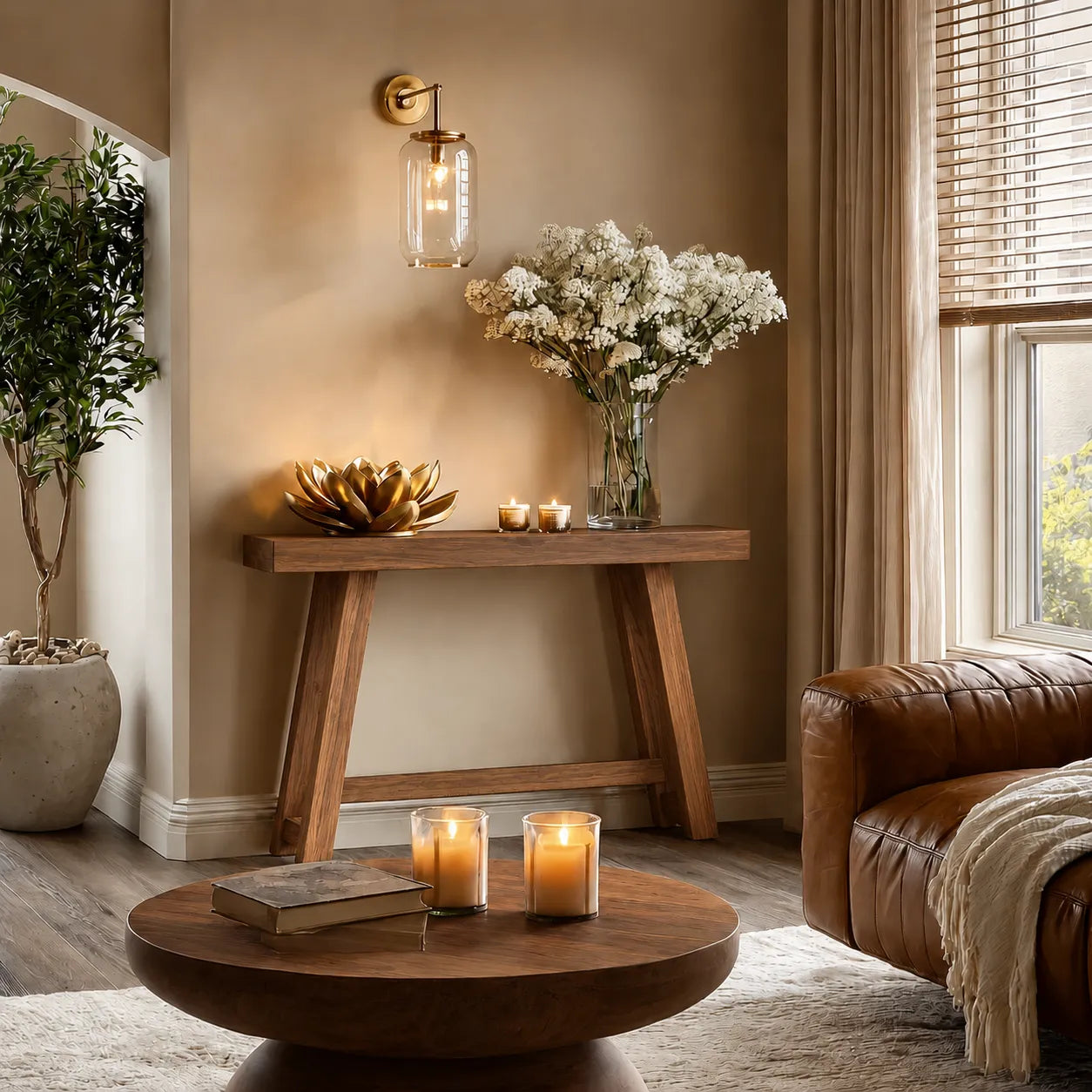 Minimalist Natural Solid Wood Console Table with Tapered A Frame Base