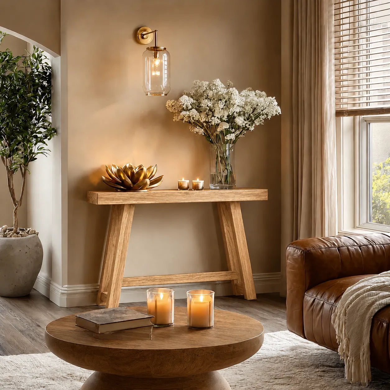 Minimalist Natural Solid Wood Console Table with Tapered A Frame Base