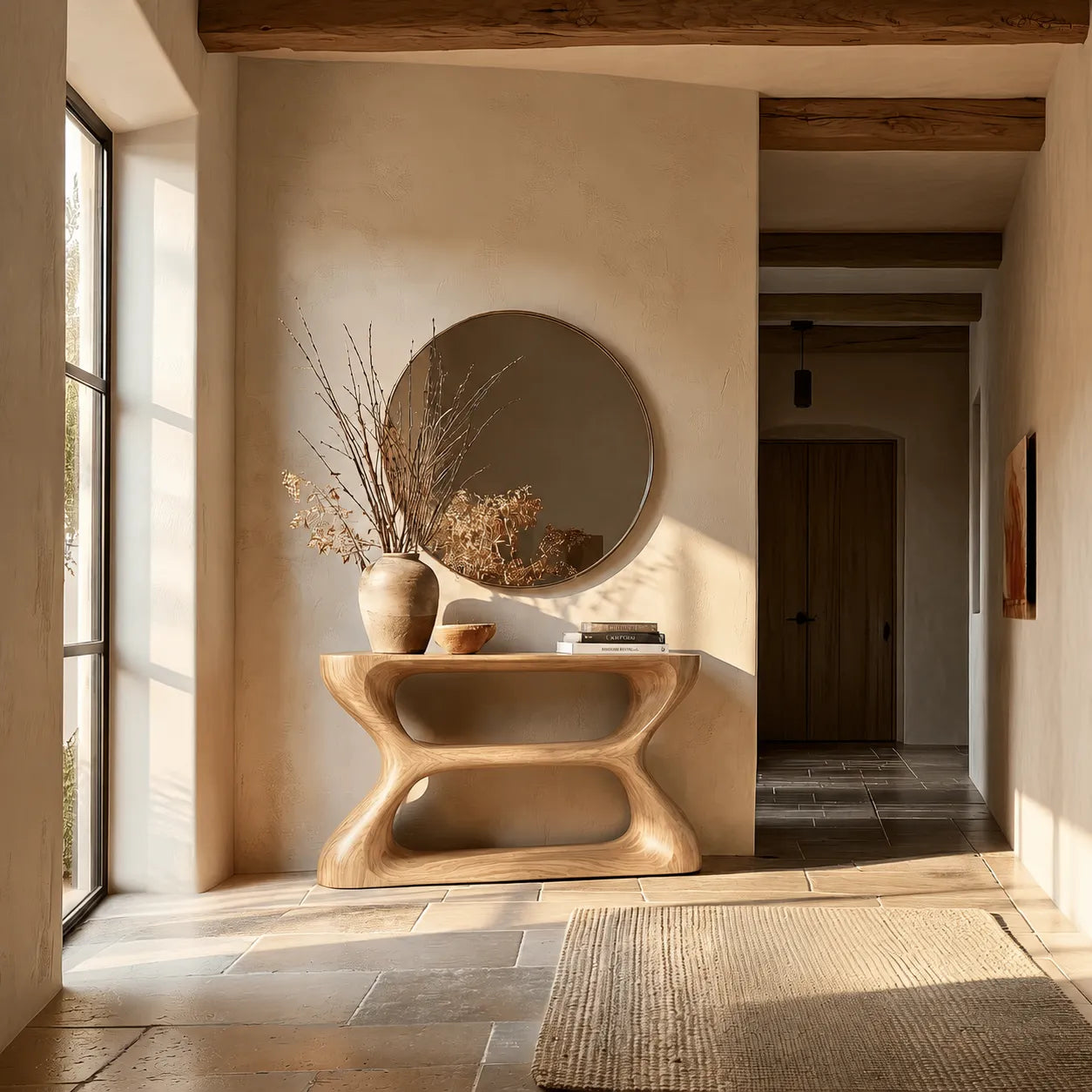 Sculptural Natural Solid Wood Console Table with Open Geometric Base