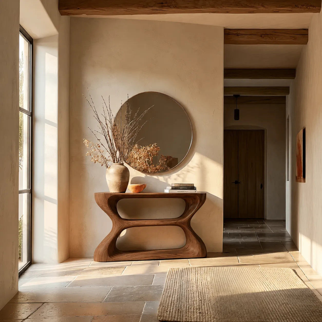 Sculptural Natural Solid Wood Console Table with Open Geometric Base