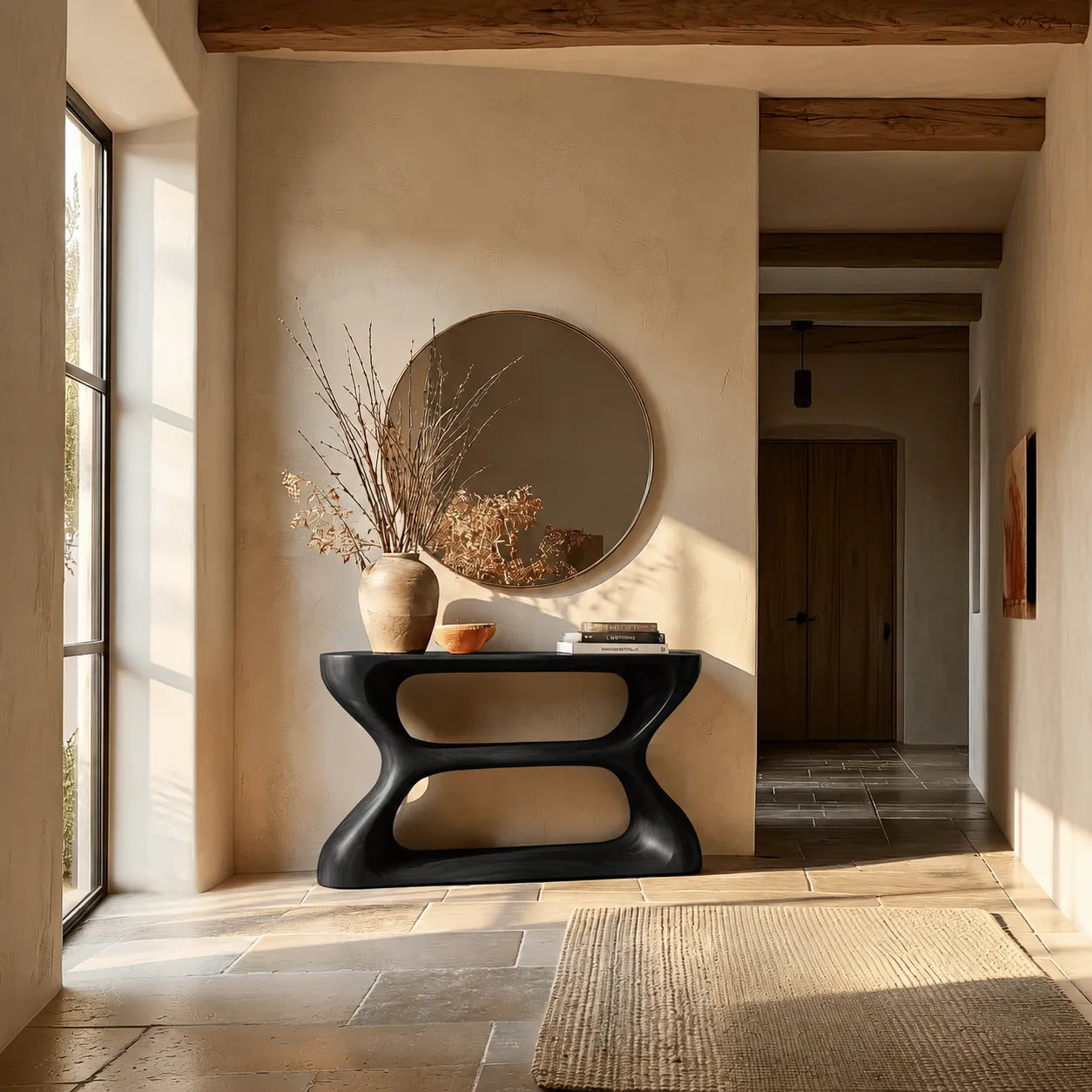 Sculptural Natural Solid Wood Console Table with Open Geometric Base