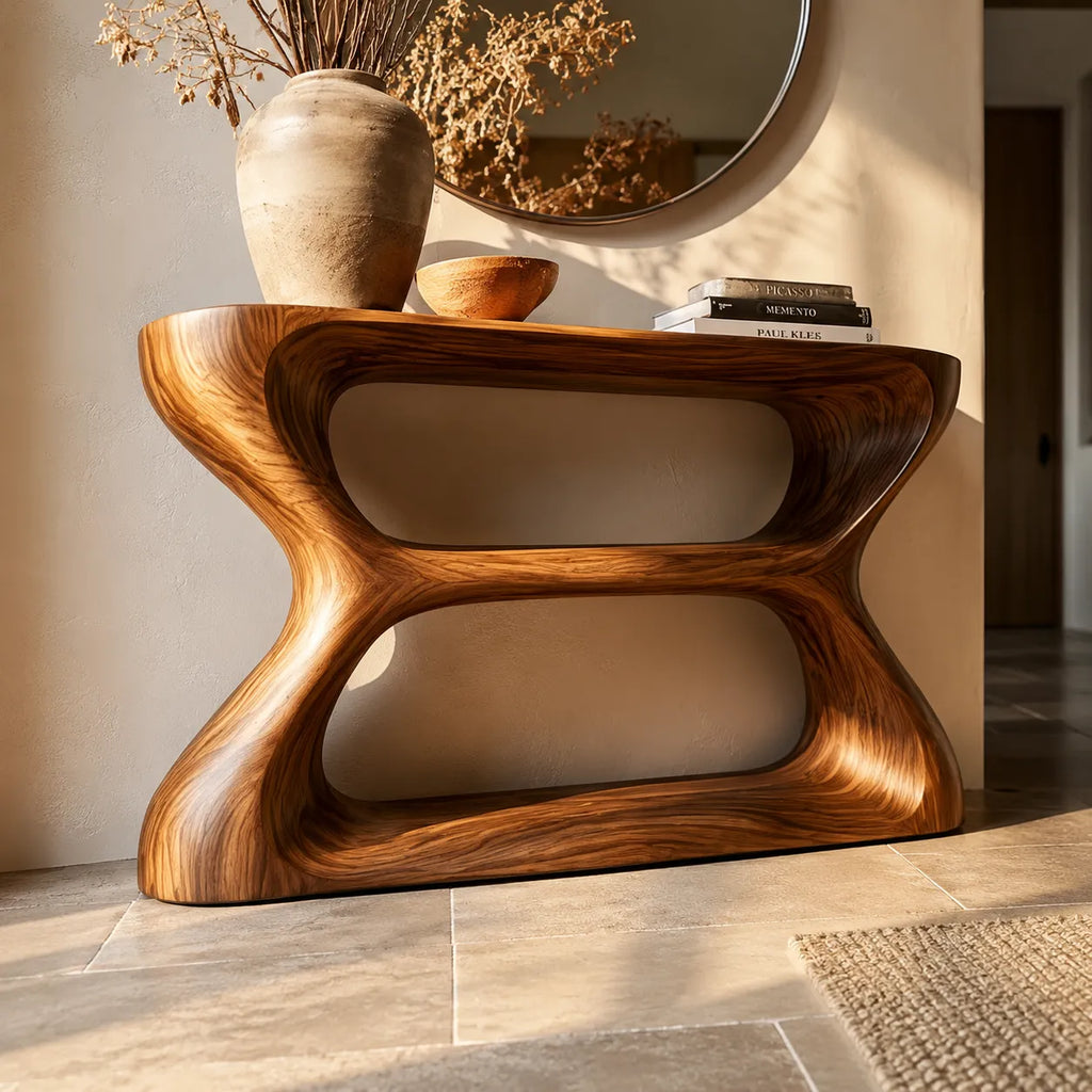 Sculptural Natural Solid Wood Console Table with Open Geometric Base
