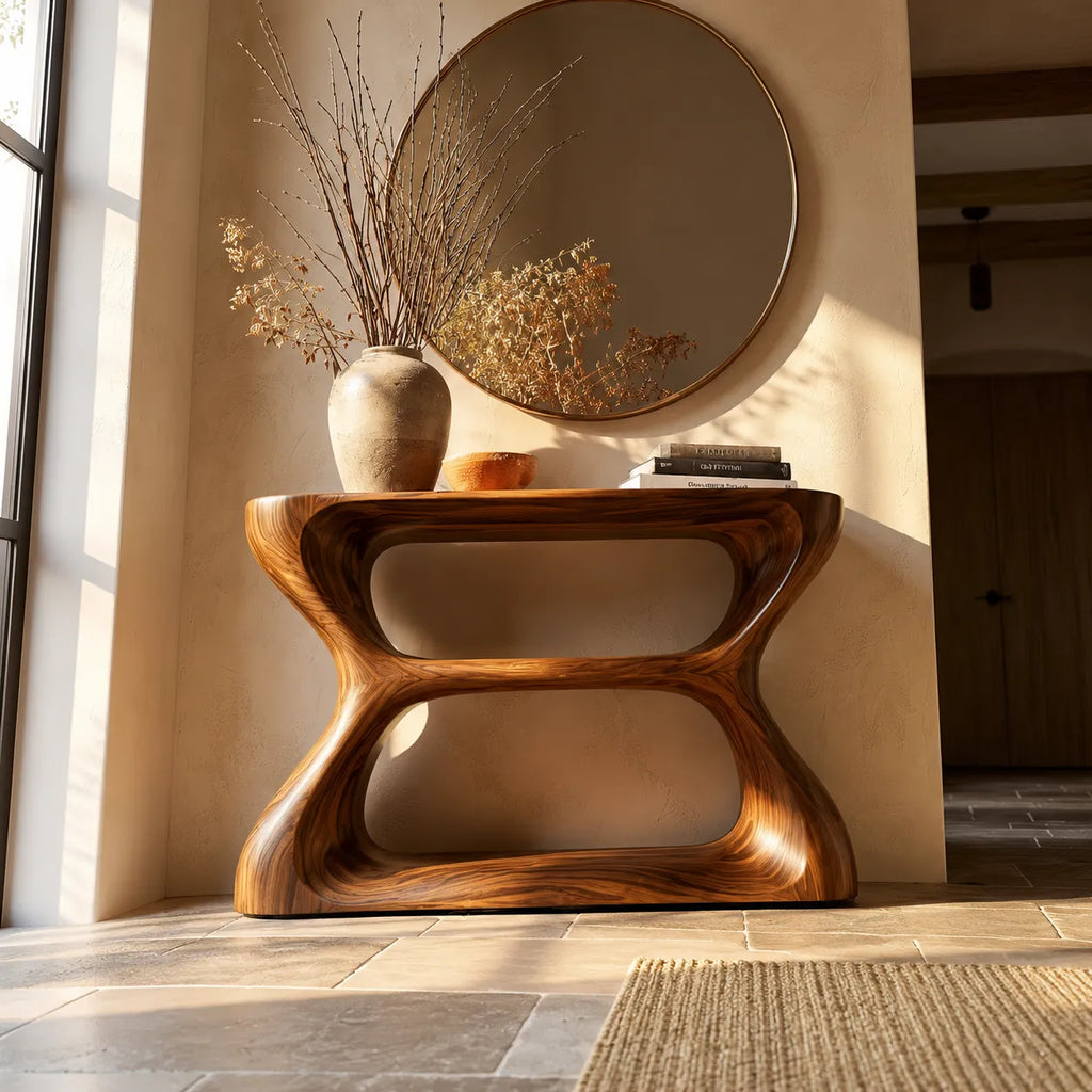Sculptural Natural Solid Wood Console Table with Open Geometric Base