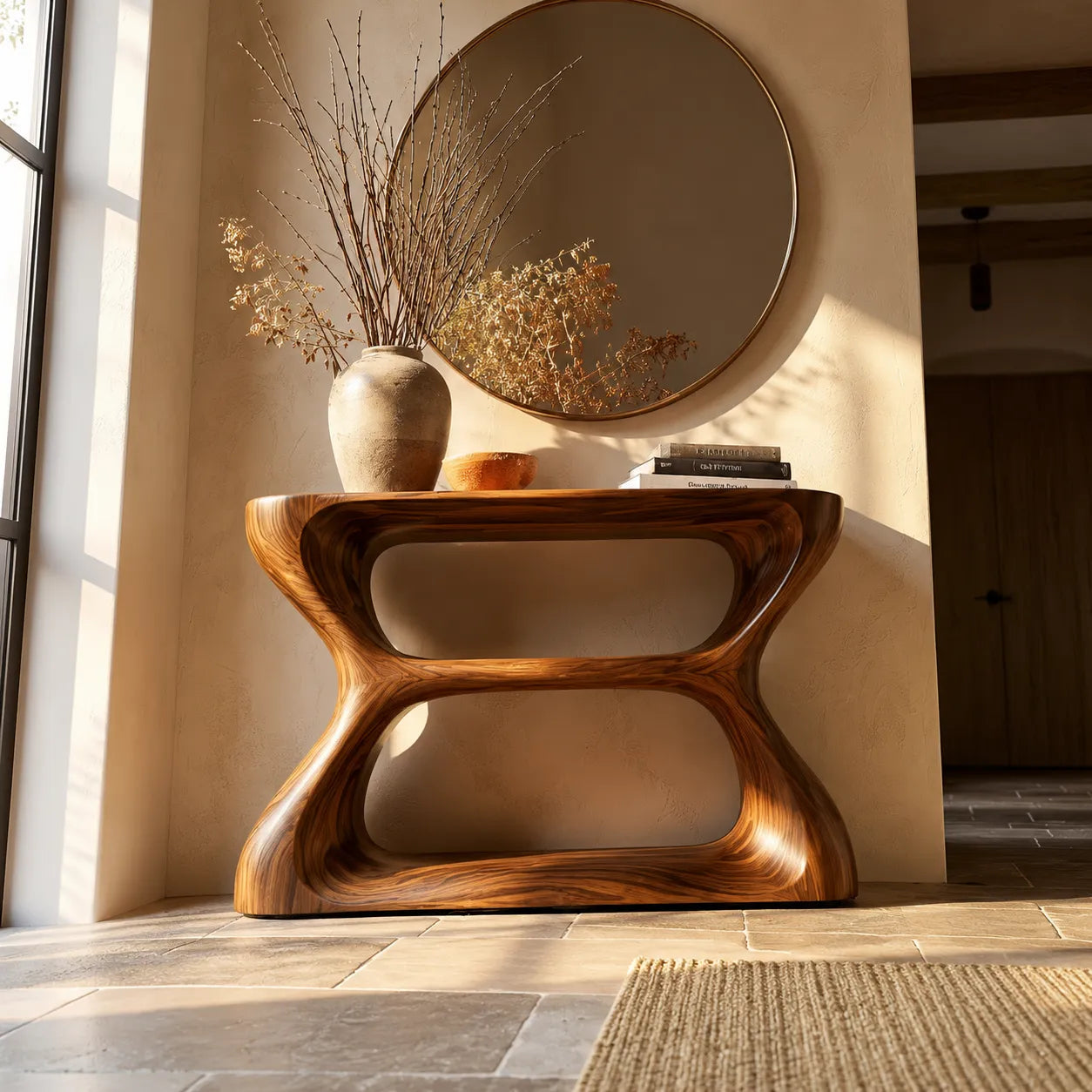 Sculptural Natural Solid Wood Console Table with Open Geometric Base