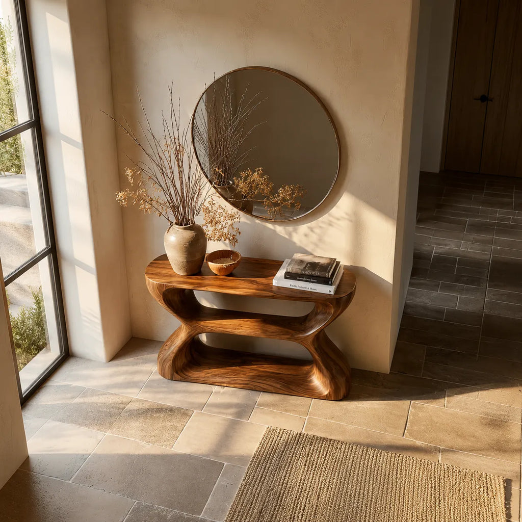 Sculptural Natural Solid Wood Console Table with Open Geometric Base