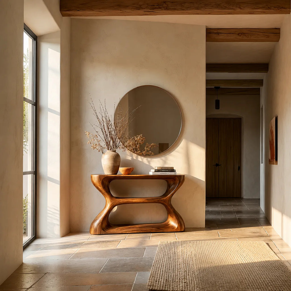 Sculptural Natural Solid Wood Console Table with Open Geometric Base