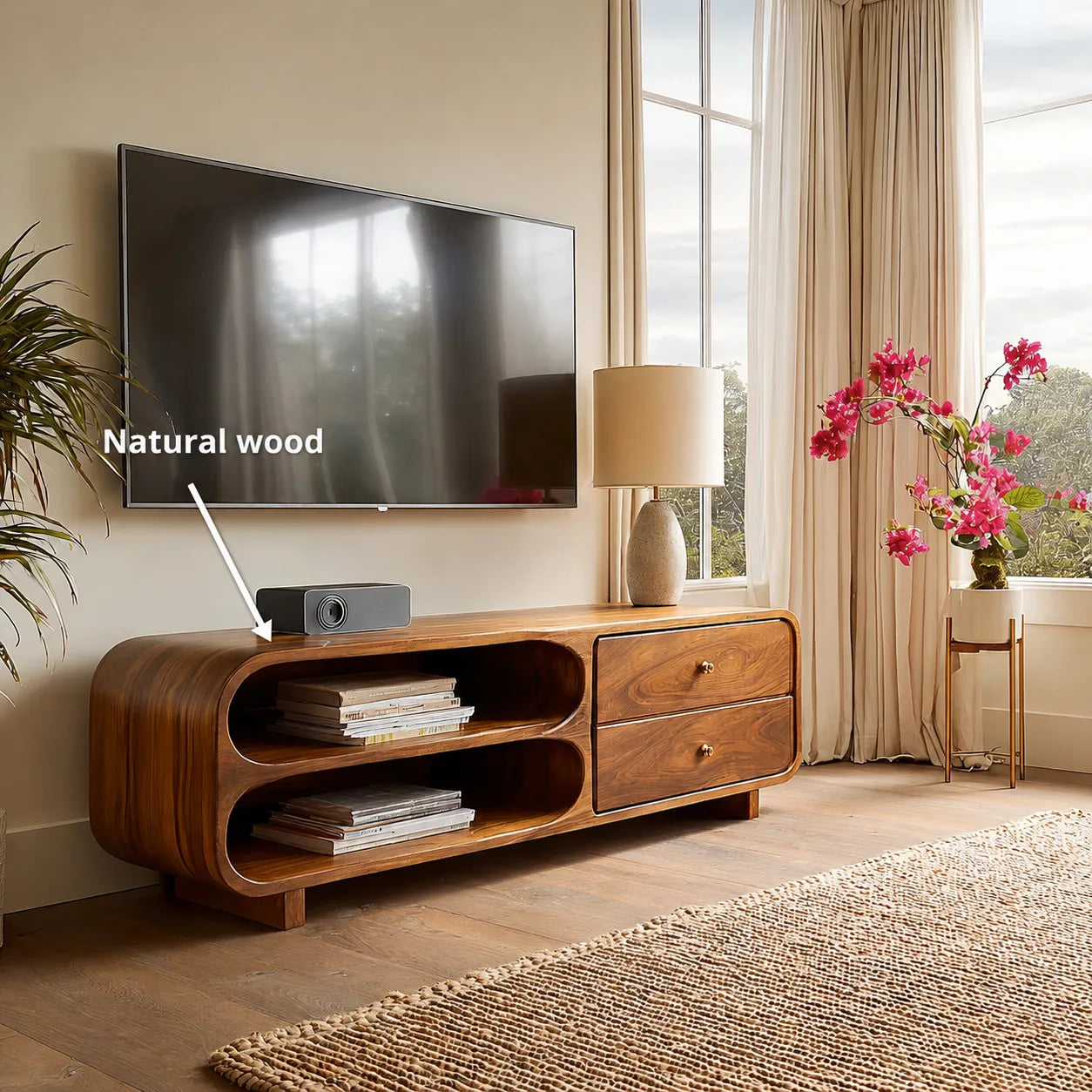 Rounded Natural Solid Wood TV Stand with Open Shelves and Drawers