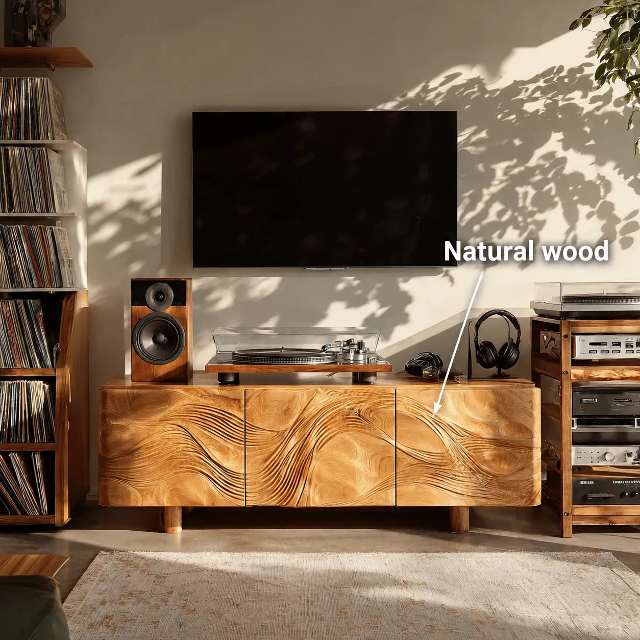 Wave Carved Natural Solid Wood TV Stand with Concealed Storage Doors