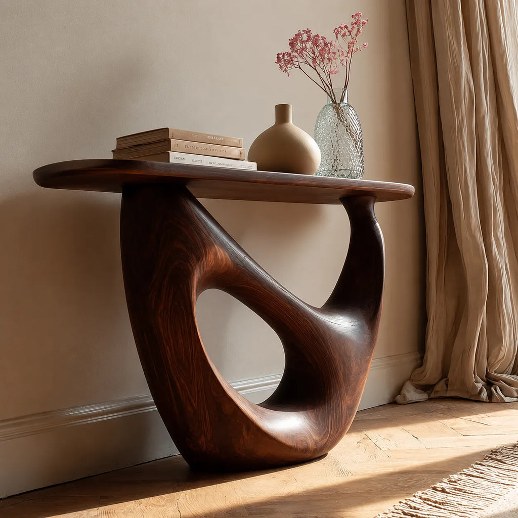 Organic Sculptural Natural Solid Wood Console Table with Open Base