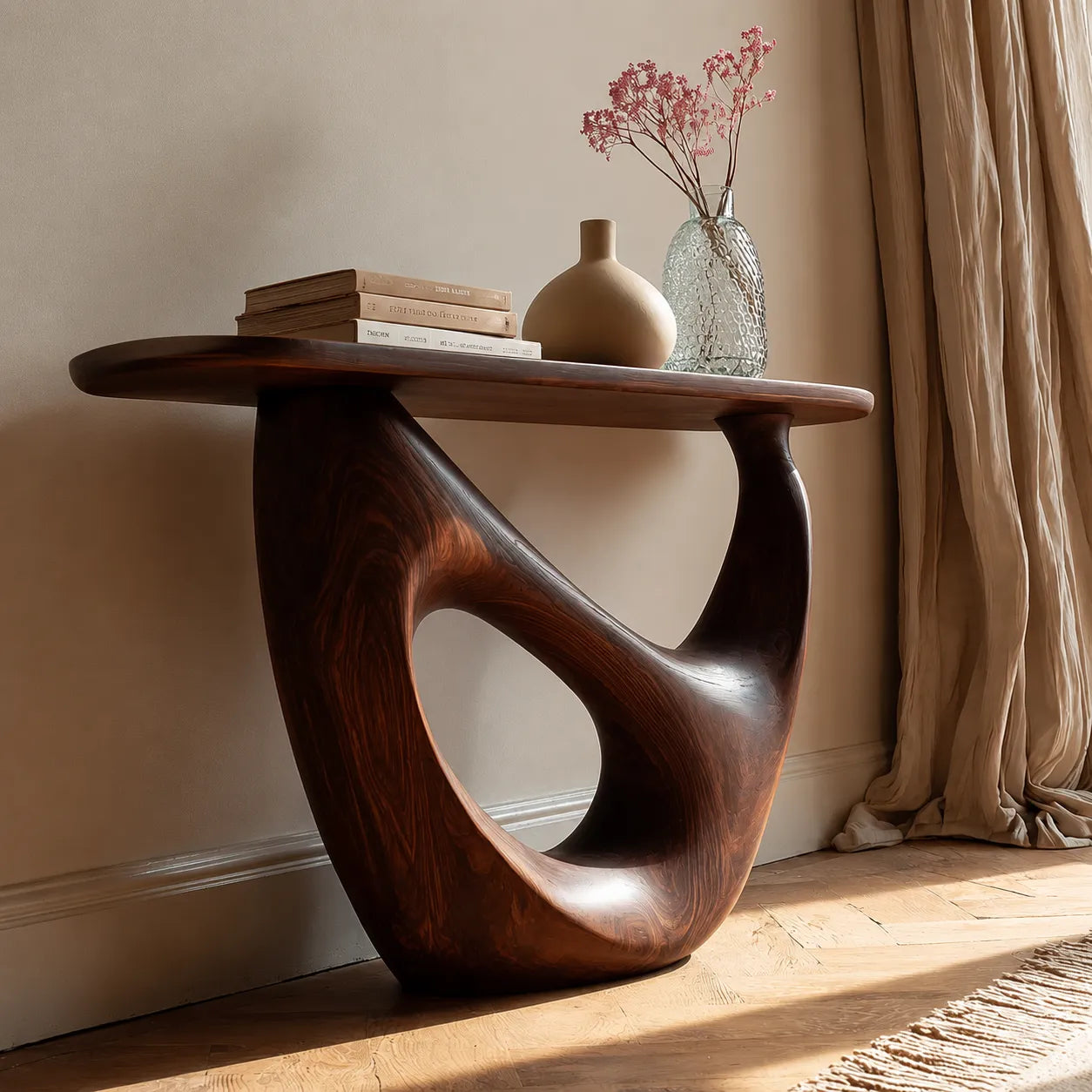 Organic Sculptural Natural Solid Wood Console Table with Open Base