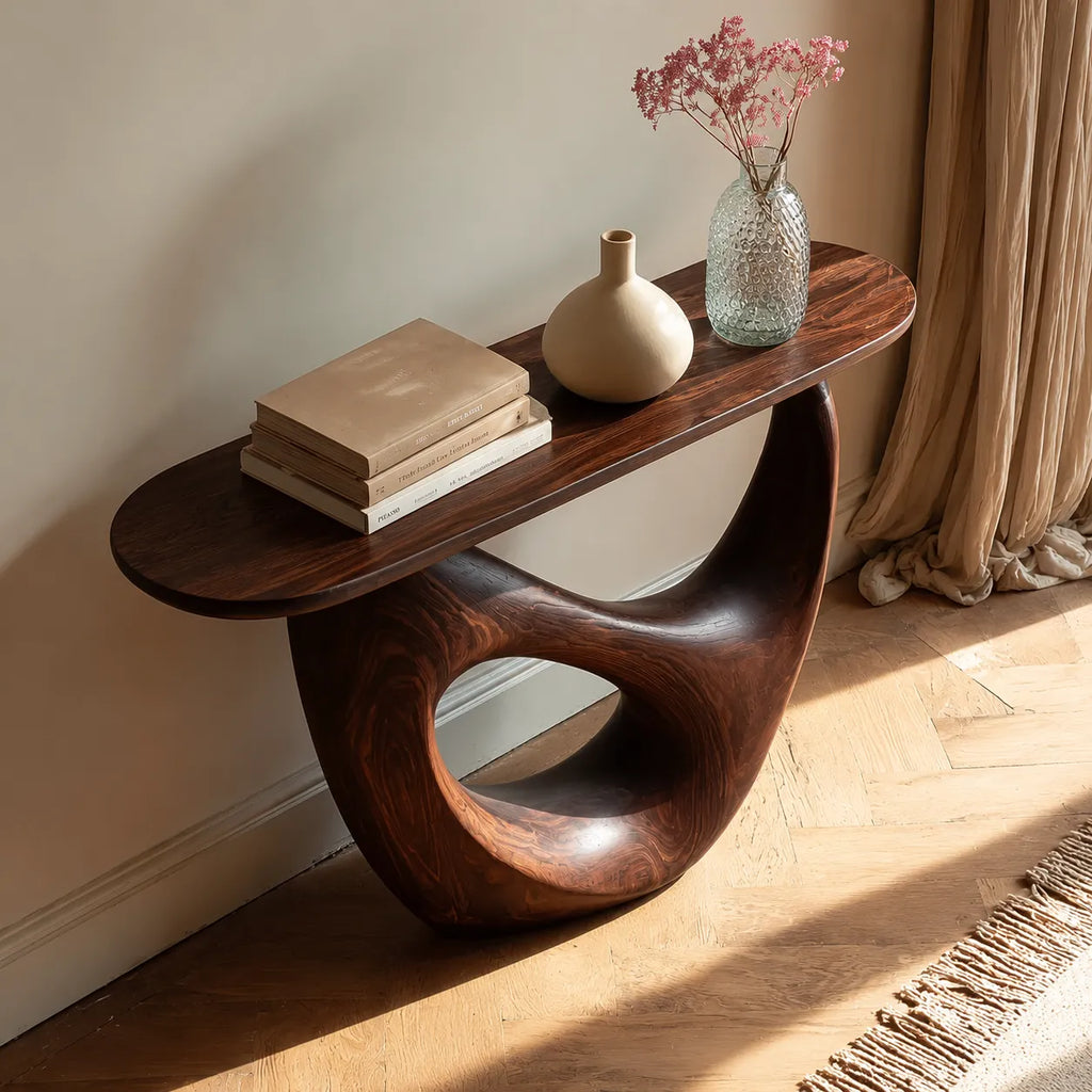 Organic Sculptural Natural Solid Wood Console Table with Open Base