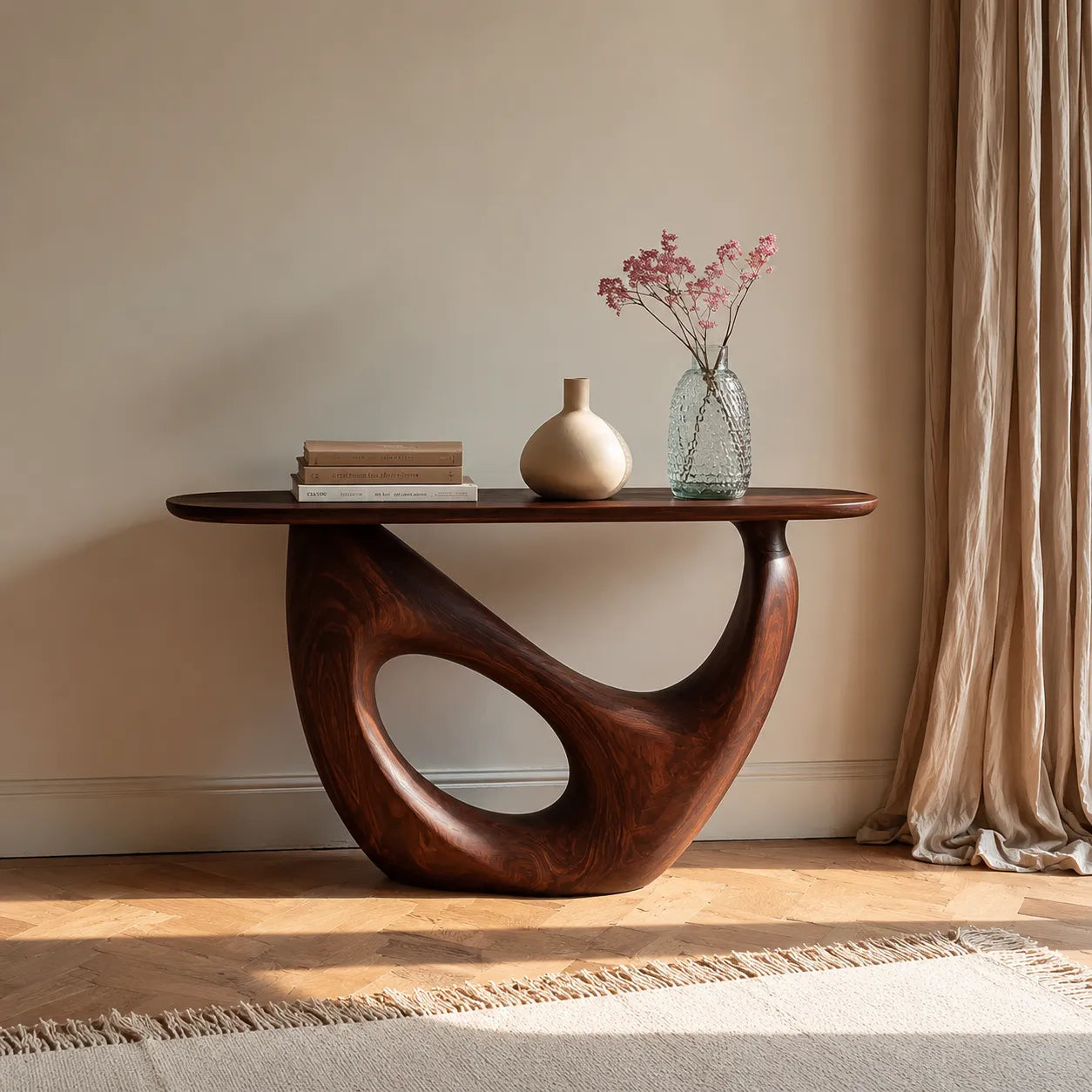 Organic Sculptural Natural Solid Wood Console Table with Open Base