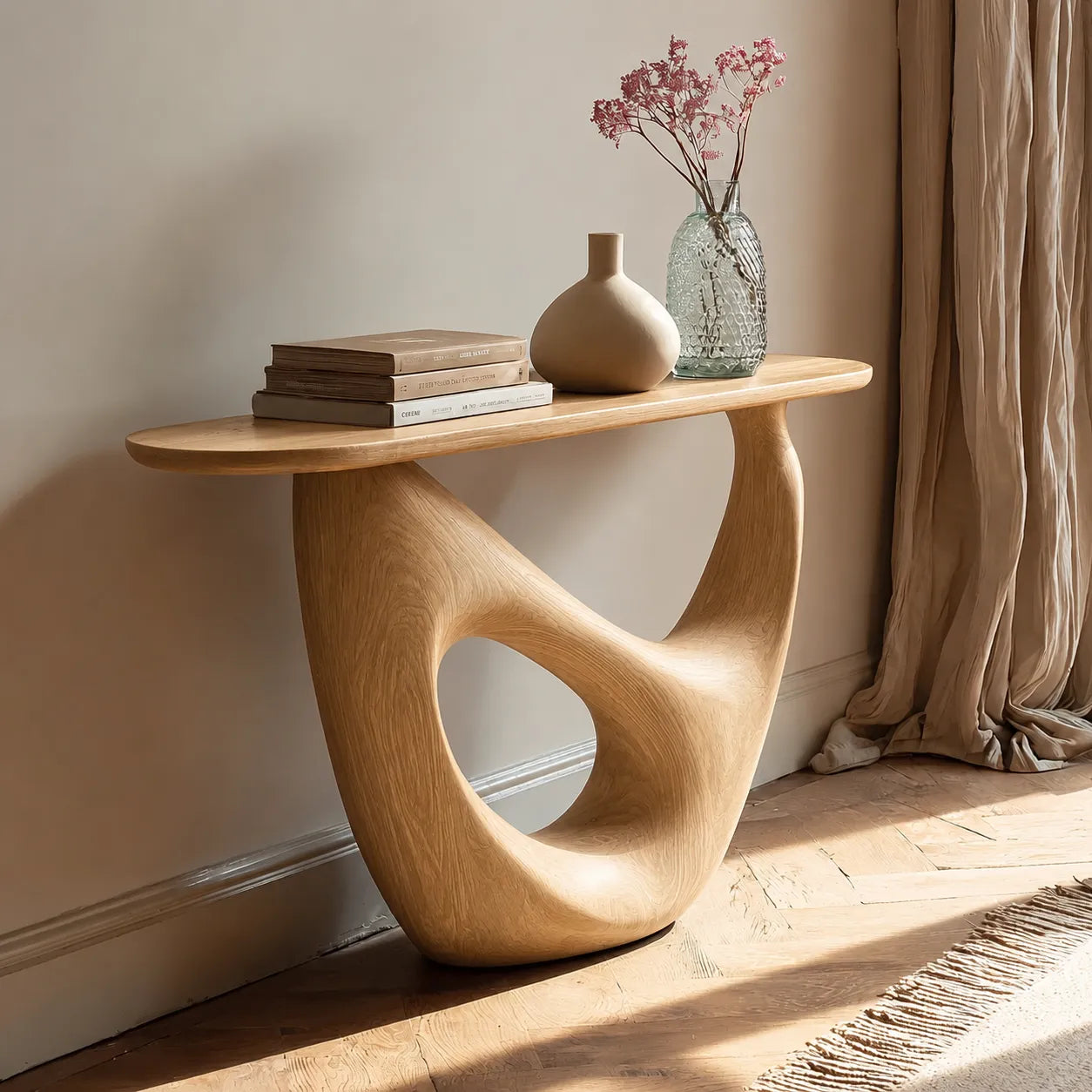 Organic Sculptural Natural Solid Wood Console Table with Open Base
