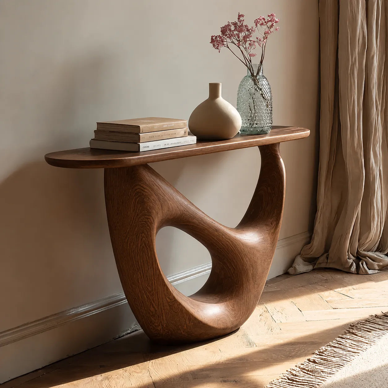 Organic Sculptural Natural Solid Wood Console Table with Open Base