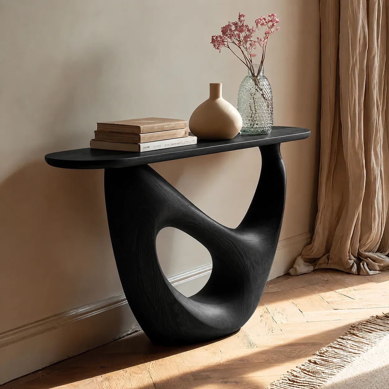 Organic Sculptural Natural Solid Wood Console Table with Open Base
