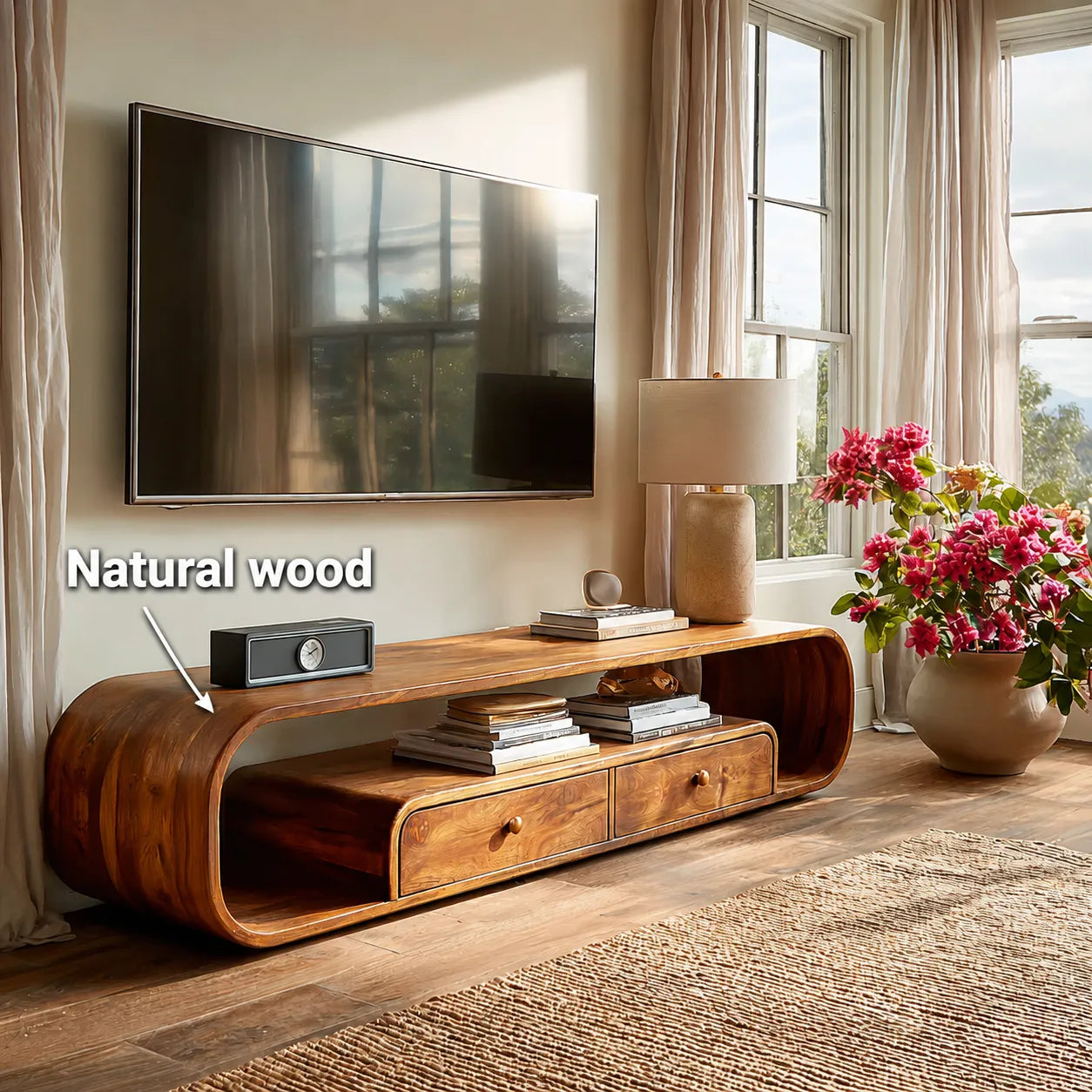 Rounded Natural Solid Wood TV Stand with Open Shelves and Drawers