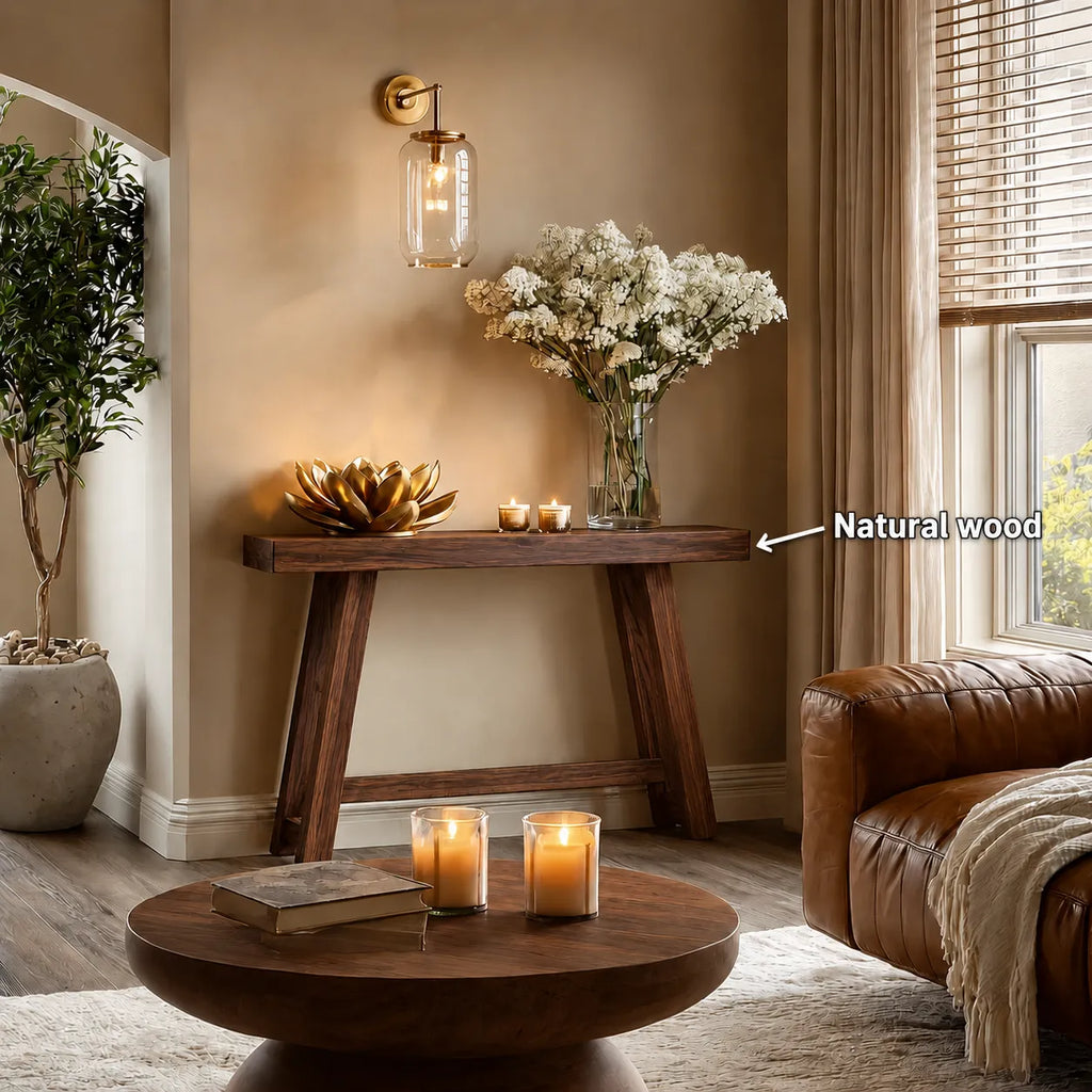 Minimalist Natural Solid Wood Console Table with Tapered A Frame Base