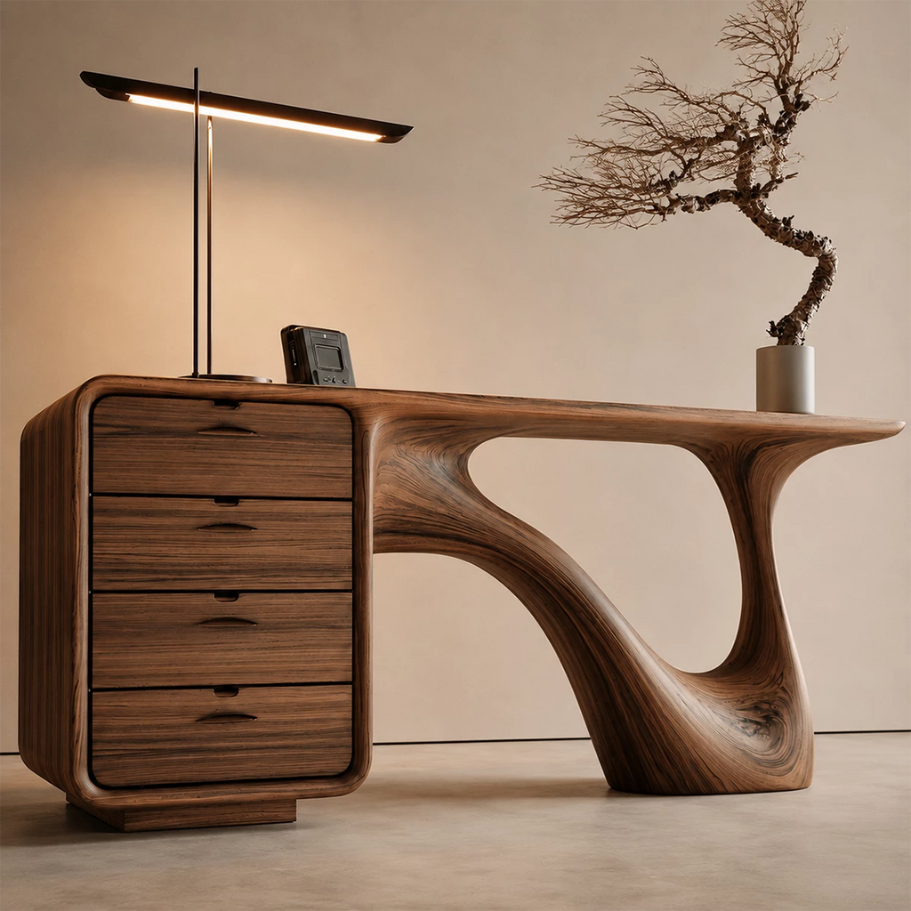 Natural Solid Wood Writing Desk Sculptural Wabi Sabi Style