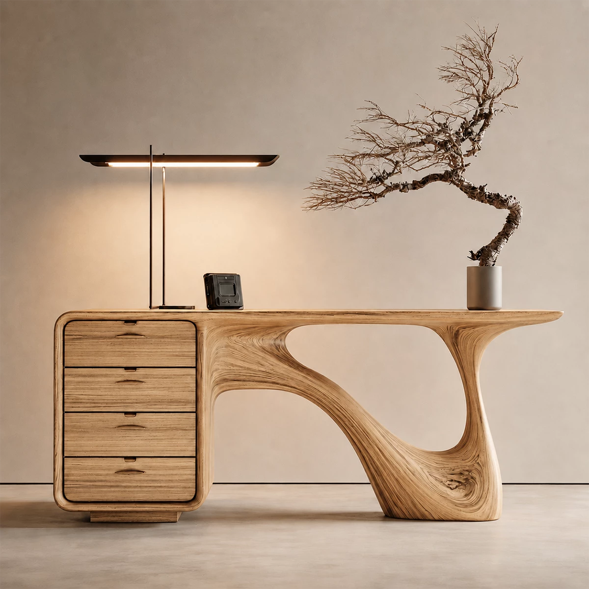 Natural Solid Wood Writing Desk Sculptural Wabi Sabi Style