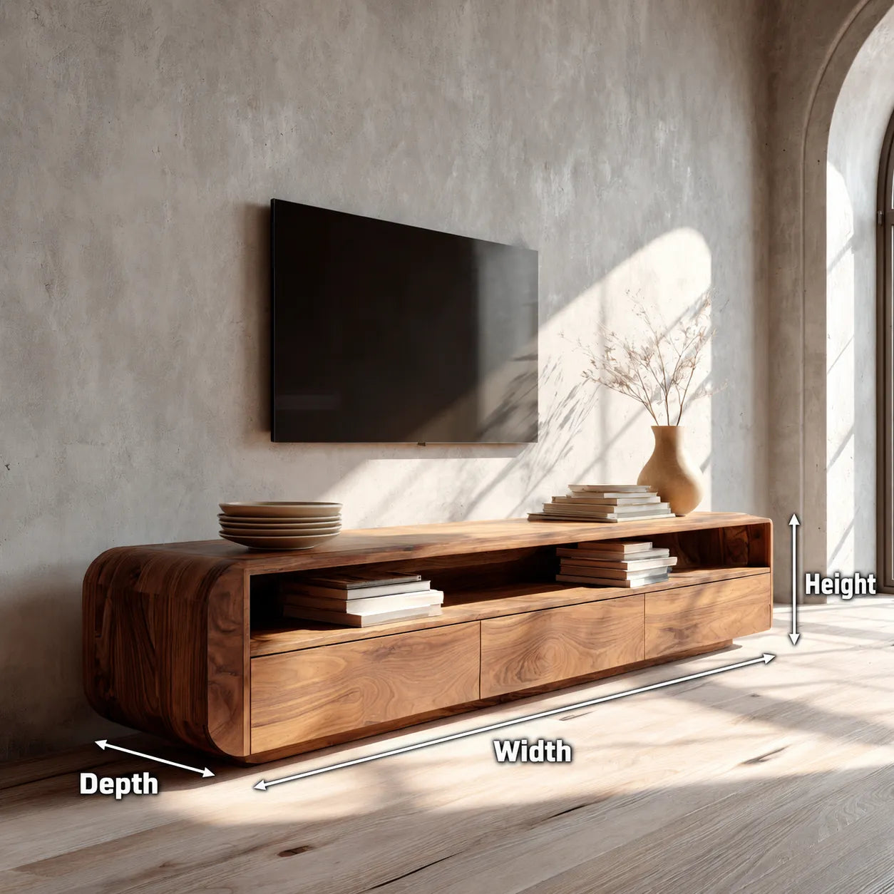 Rounded Natural Solid Wood TV Stand with Open Shelf and Drawer Storage